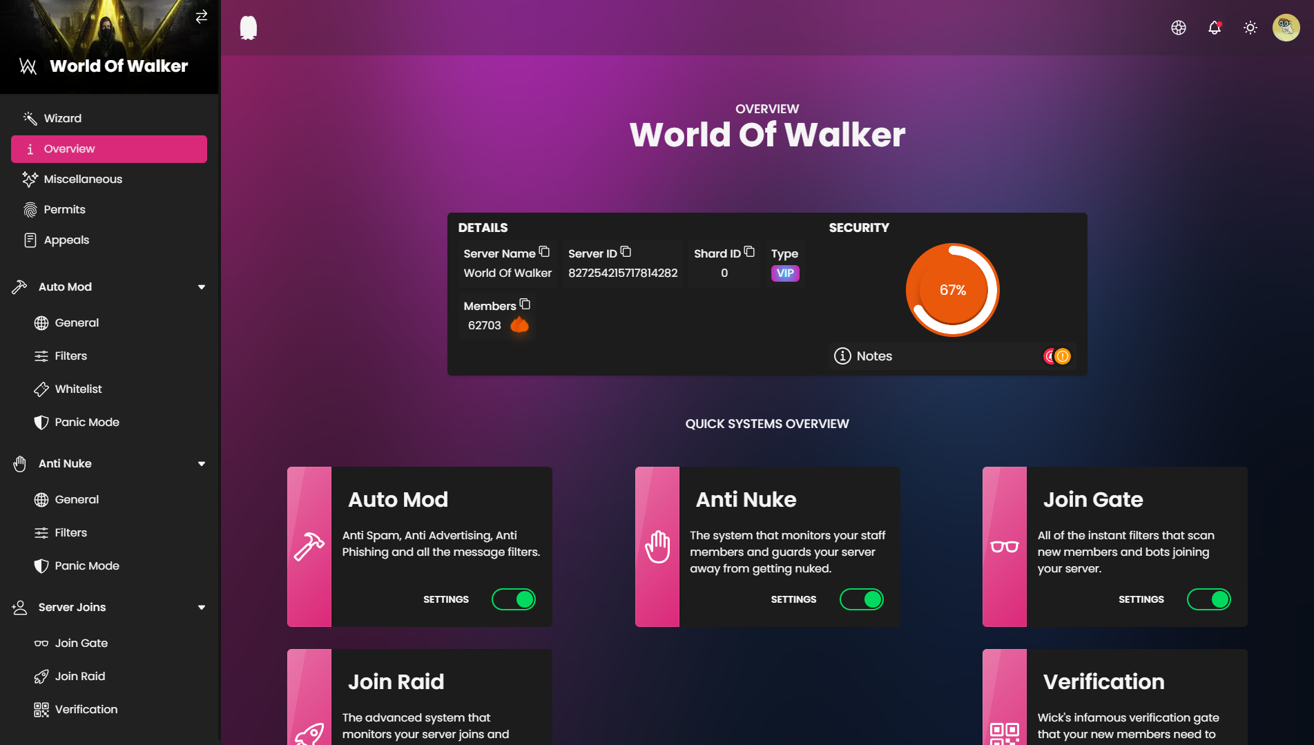 Screenshot of wickbot.com dashboard, a tool to secure Discord server from raids.